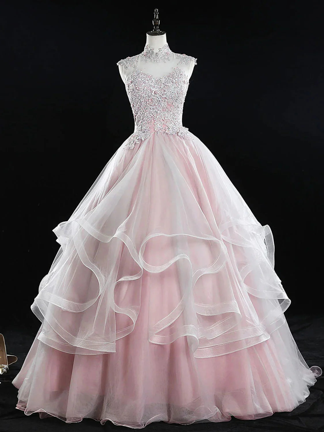 Pink A Line Tulle Lace Long Prom Dress, Pink Sweet 16 Dress ED0839