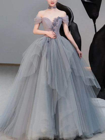 Gray sweetheart neck tulle long prom dress, gray evening dress ED0841