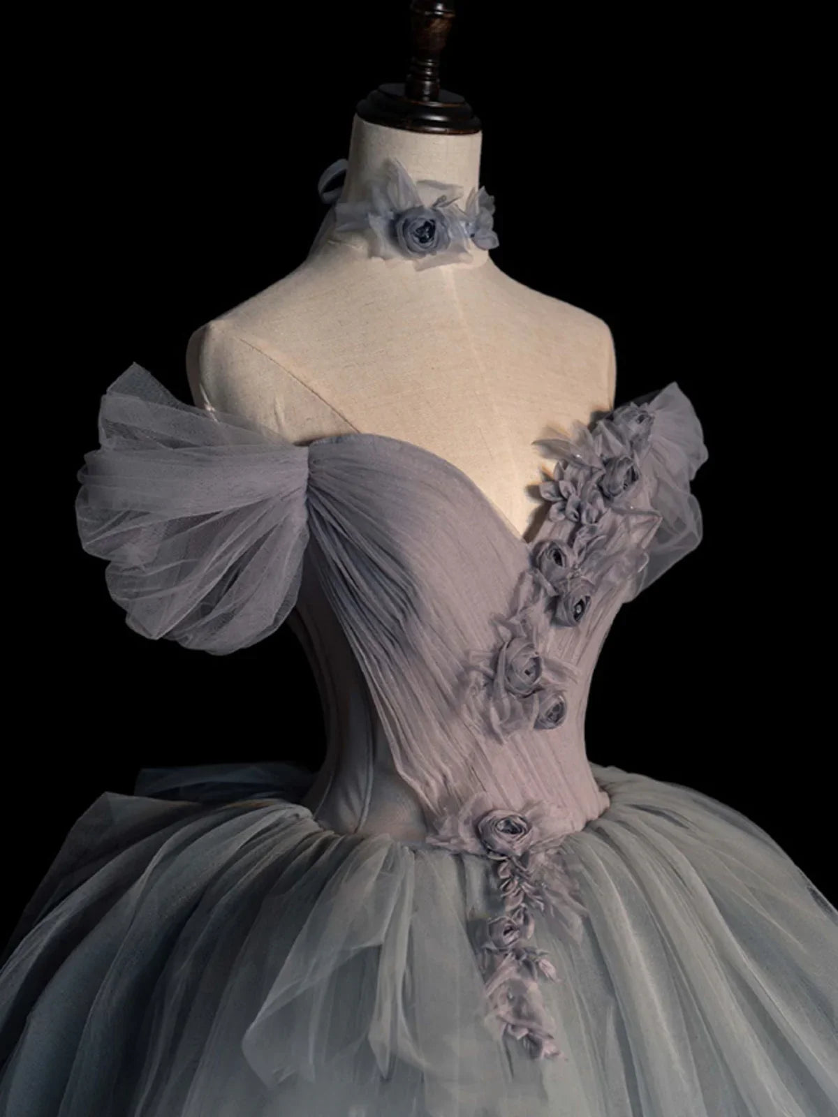 Gray sweetheart neck tulle long prom dress, gray evening dress ED0841