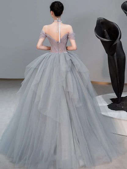 Gray sweetheart neck tulle long prom dress, gray evening dress ED0841