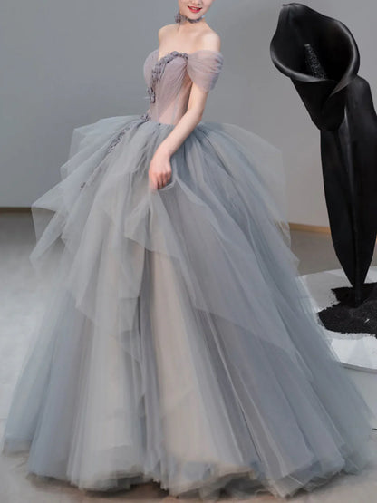 Gray sweetheart neck tulle long prom dress, gray evening dress ED0841