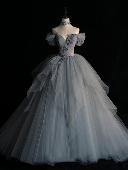 Gray sweetheart neck tulle long prom dress, gray evening dress ED0841