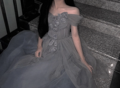 Gray sweetheart neck tulle long prom dress, gray evening dress ED0841