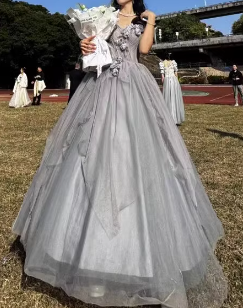 Gray sweetheart neck tulle long prom dress, gray evening dress ED0841