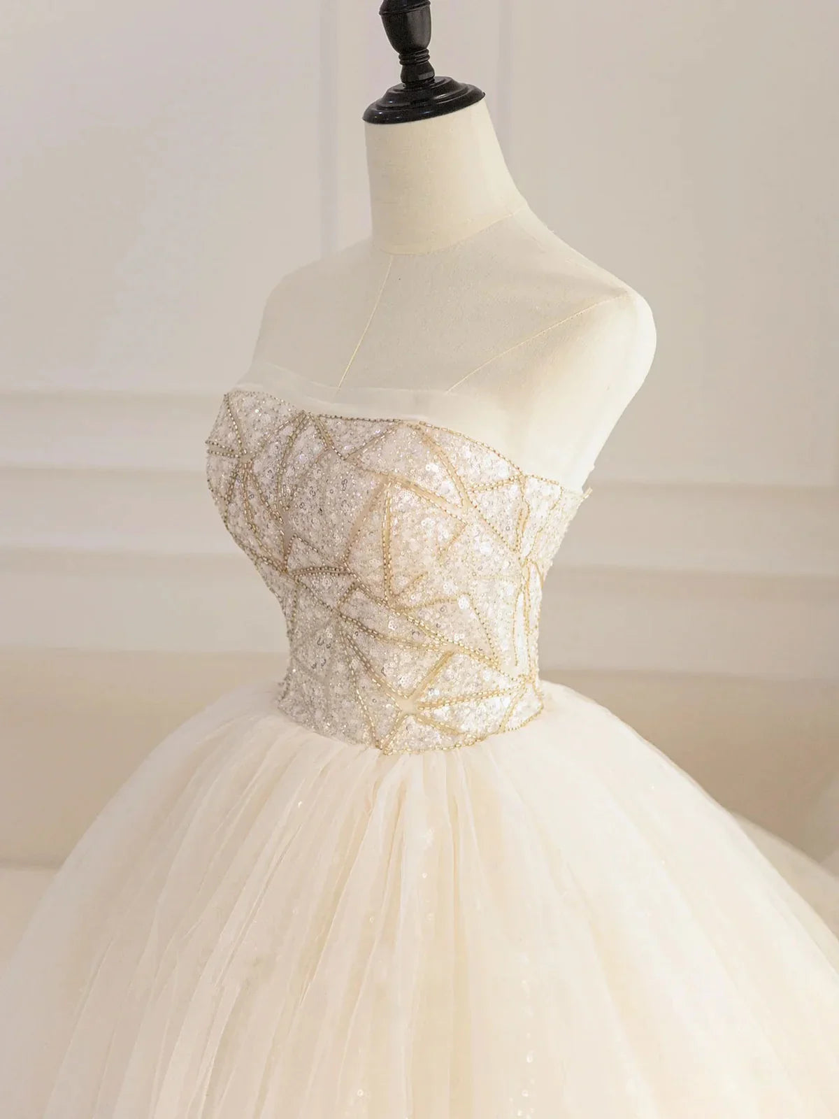 Champagne tulle sequin beads long prom dress, champagne evening dress ED0842
