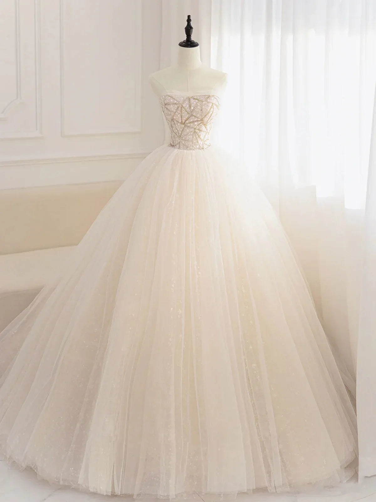 Champagne tulle sequin beads long prom dress, champagne evening dress ED0842