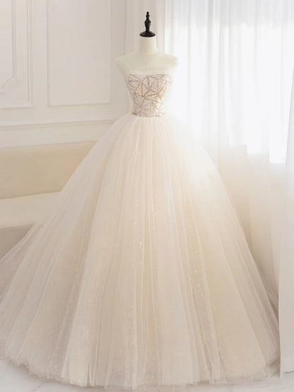 Champagne tulle sequin beads long prom dress, champagne evening dress ED0842