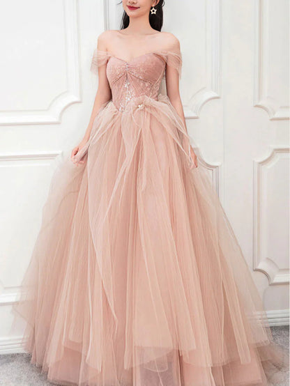 Flesh pink sweetheart neck tulle long prom dress, pink tulle formal dress ED0844