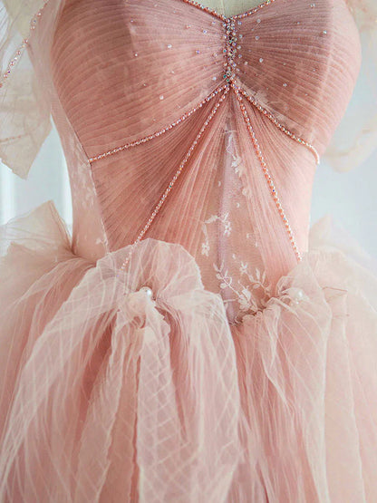 Flesh pink sweetheart neck tulle long prom dress, pink tulle formal dress ED0844