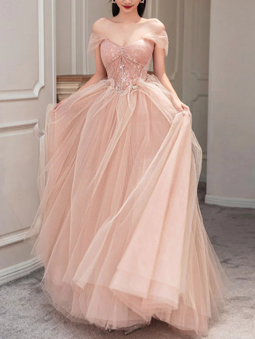 Flesh pink sweetheart neck tulle long prom dress, pink tulle formal dress ED0844