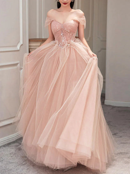 Flesh pink sweetheart neck tulle long prom dress, pink tulle formal dress ED0844