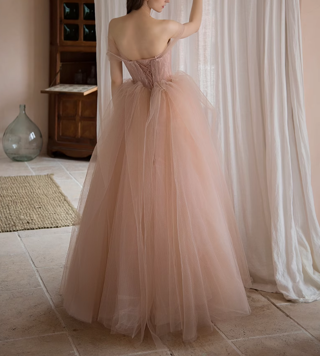 Flesh pink sweetheart neck tulle long prom dress, pink tulle formal dress ED0844
