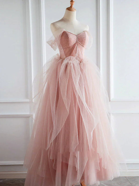 Flesh pink sweetheart neck tulle long prom dress, pink tulle formal dress ED0844