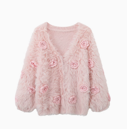 Loose and slim long sleeve V-neck three-dimensional flower fashionable velvet sweater  ED0867