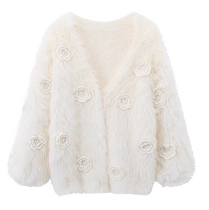 Loose and slim long sleeve V-neck three-dimensional flower fashionable velvet sweater  ED0867