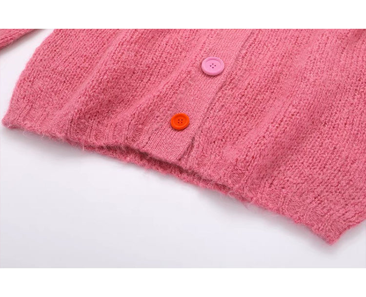 Pink Colorful Button Crewneck Knit Cardigan ED0870