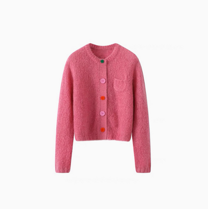 Pink Colorful Button Crewneck Knit Cardigan ED0870
