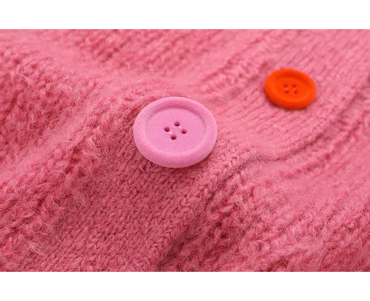 Pink Colorful Button Crewneck Knit Cardigan ED0870