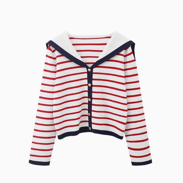 Navy collar cape top with striped sweater and cardigan ED0871