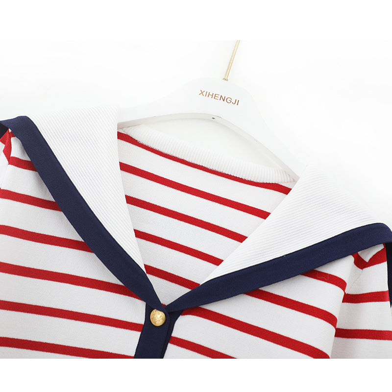 Navy collar cape top with striped sweater and cardigan ED0871