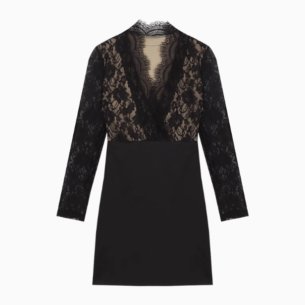 Lace patchwork long sleeve v-neck tight hip dress ED0874