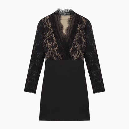 Lace patchwork long sleeve v-neck tight hip dress ED0874