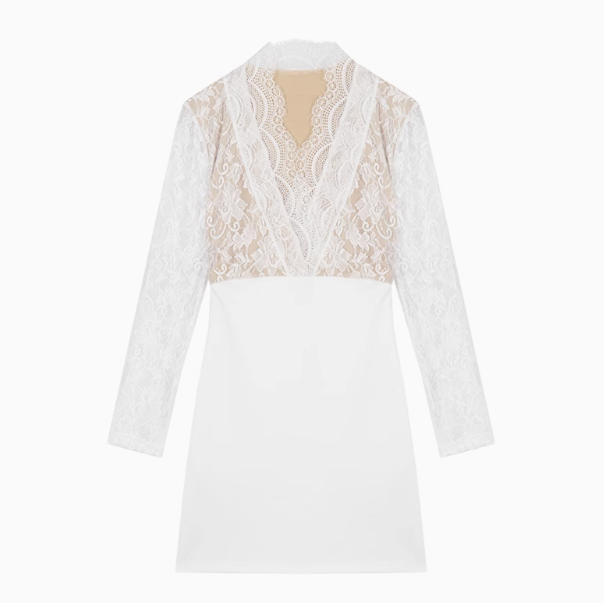 Lace patchwork long sleeve v-neck tight hip dress ED0874