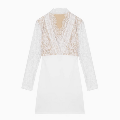 Lace patchwork long sleeve v-neck tight hip dress ED0874