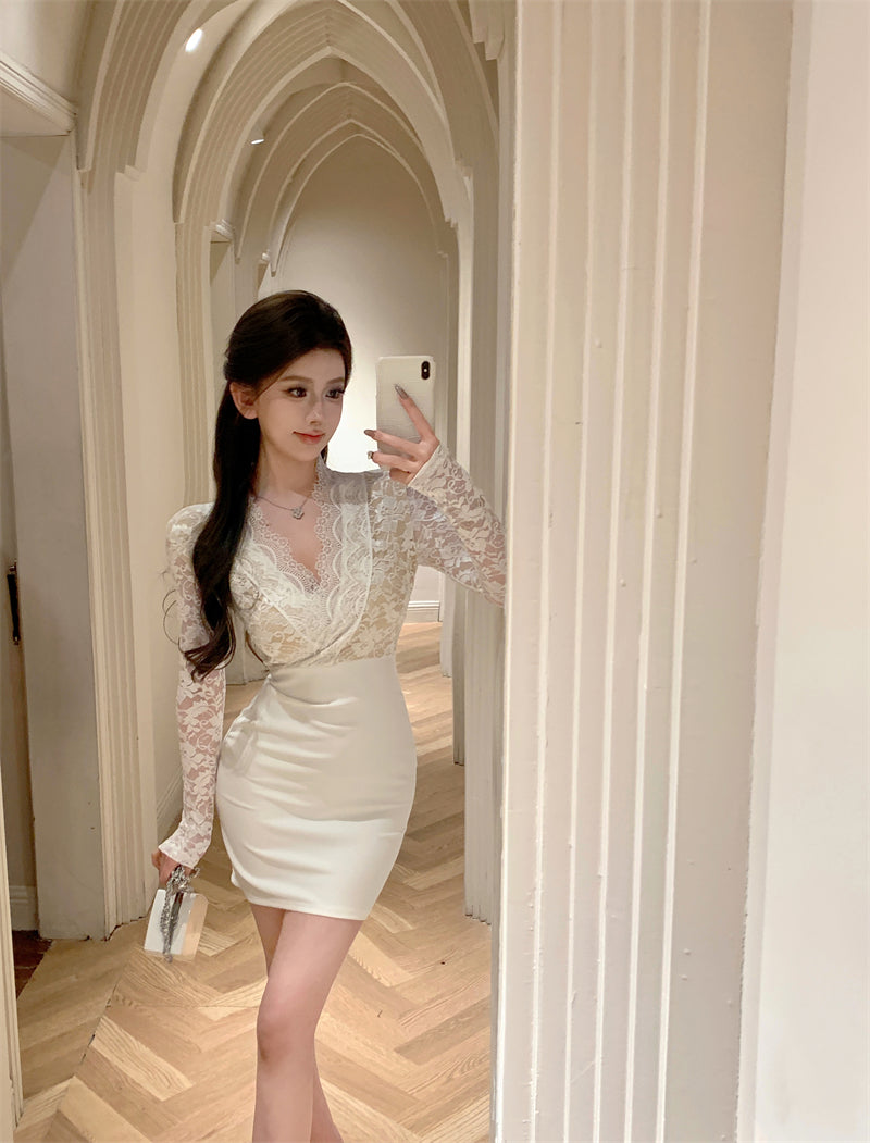 Lace patchwork long sleeve v-neck tight hip dress ED0874