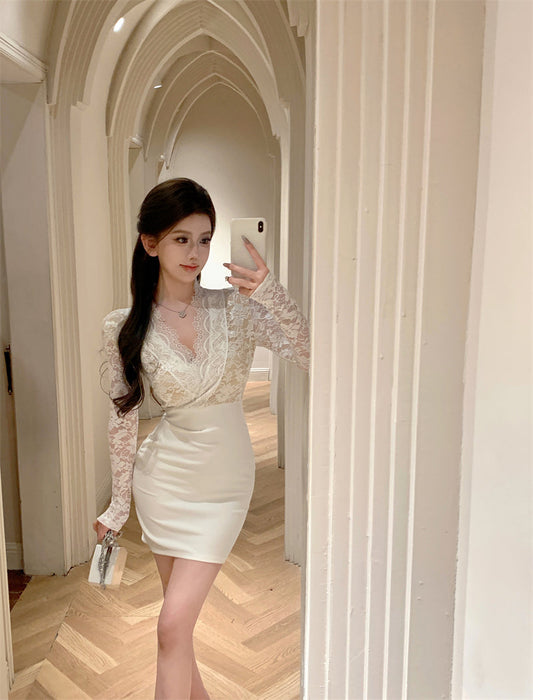 Lace patchwork long sleeve v-neck tight hip dress ED0874