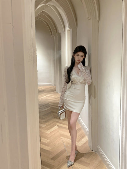 Lace patchwork long sleeve v-neck tight hip dress ED0874