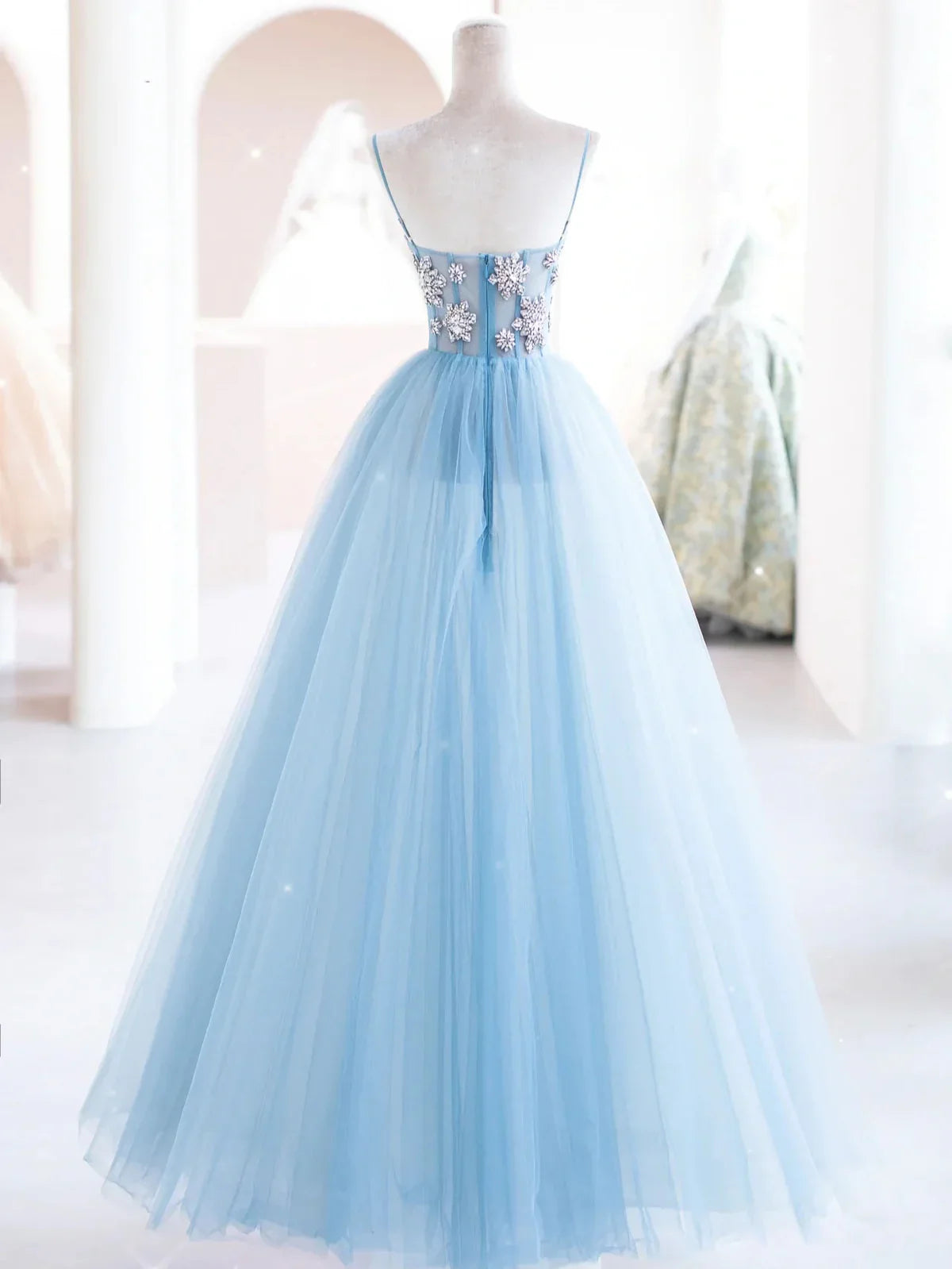 Sky Blue tulle beads long prom dress, blue tulle long evening dress ED0875