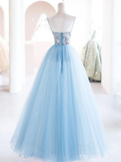 Sky Blue tulle beads long prom dress, blue tulle long evening dress ED0875