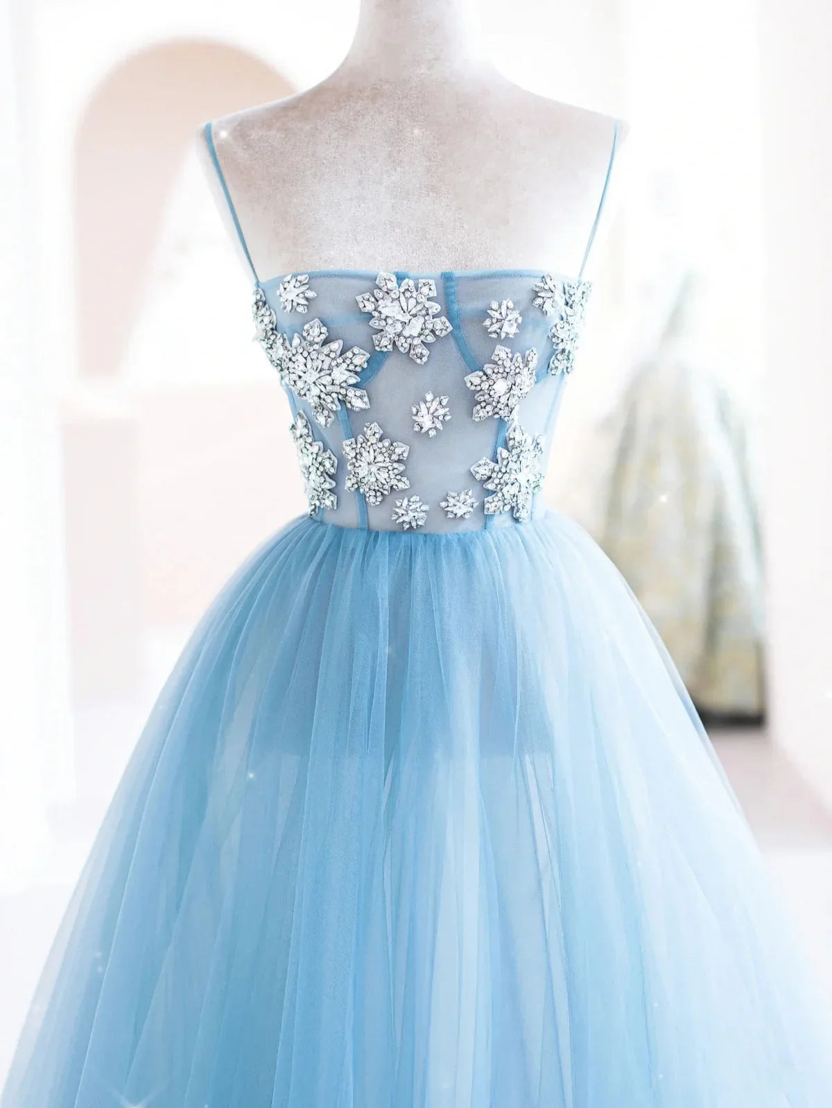 Sky Blue tulle beads long prom dress, blue tulle long evening dress ED0875