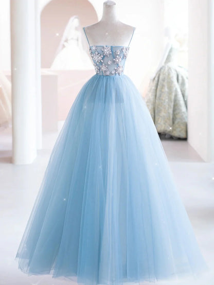 Sky Blue tulle beads long prom dress, blue tulle long evening dress ED0875