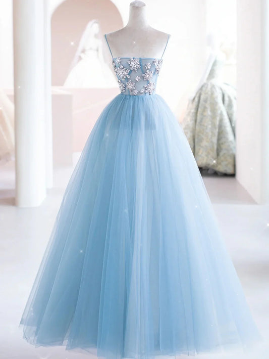 Sky Blue tulle beads long prom dress, blue tulle long evening dress ED0875