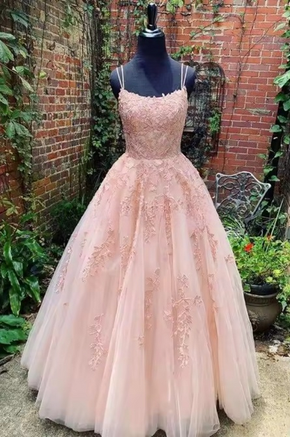 Champagne tulle lace long prom dress lace tulle evening dress ED0876