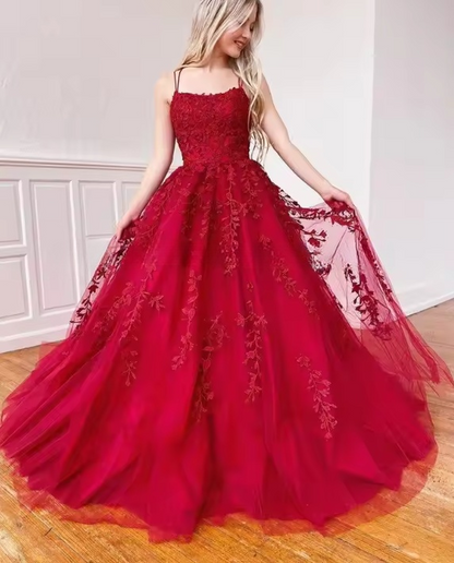 Champagne tulle lace long prom dress lace tulle evening dress ED0876