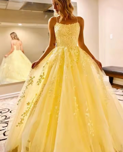 Champagne tulle lace long prom dress lace tulle evening dress ED0876