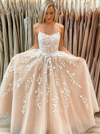 Champagne tulle lace long prom dress lace tulle evening dress ED0876