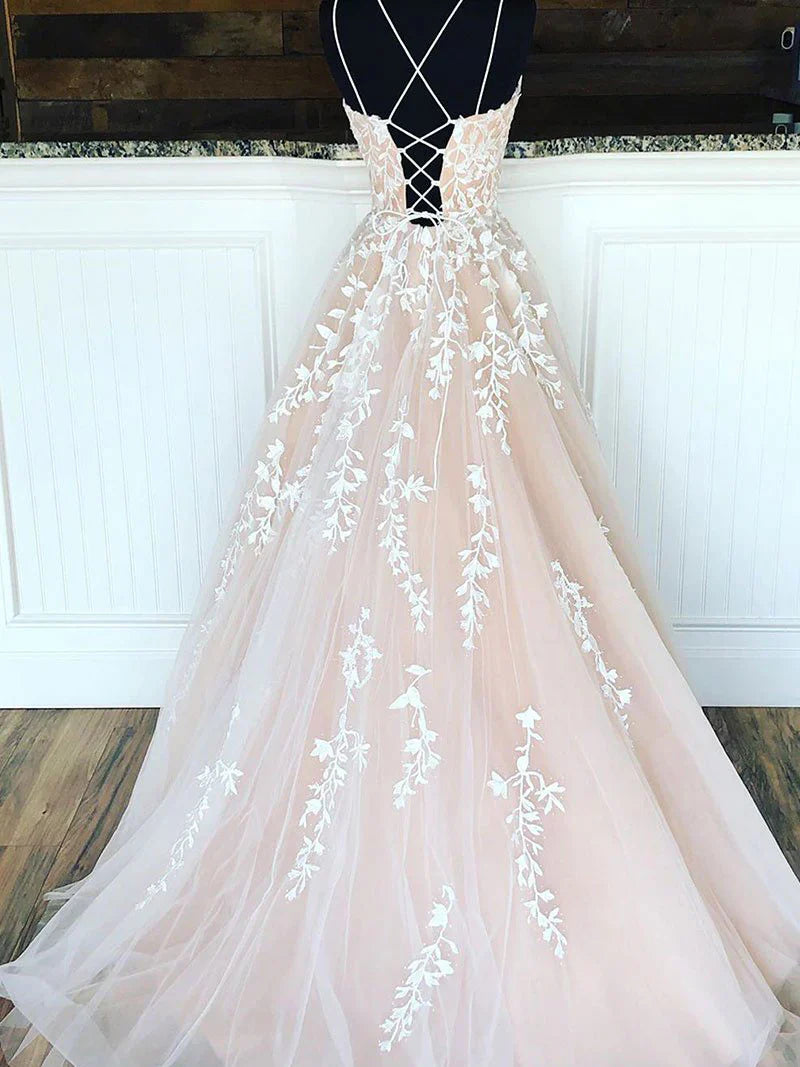 Champagne tulle lace long prom dress lace tulle evening dress ED0876