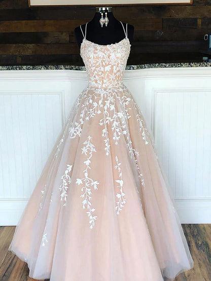 Champagne tulle lace long prom dress lace tulle evening dress ED0876