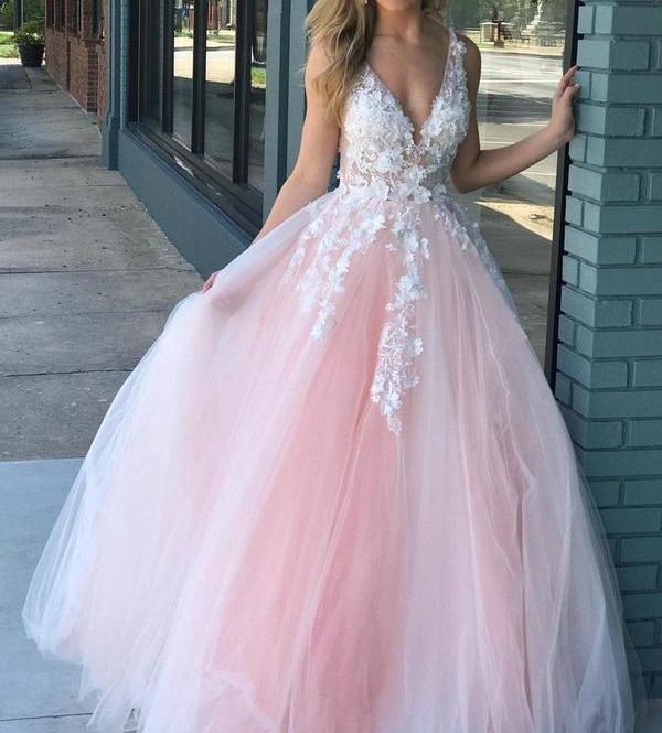 Pink v neck tulle lace long prom dress, pink tulle evening dress ED0877