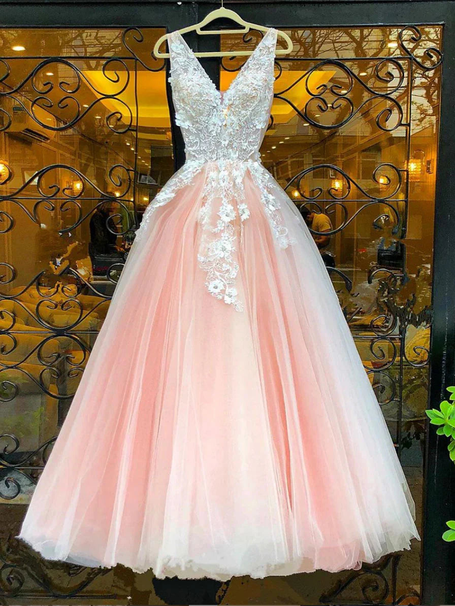 Pink v neck tulle lace long prom dress, pink tulle evening dress ED0877