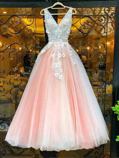 Pink v neck tulle lace long prom dress, pink tulle evening dress ED0877