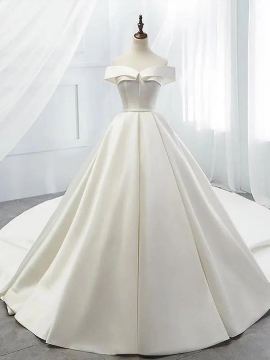 Simple white satin long prom dress, white long evening dress ED0878