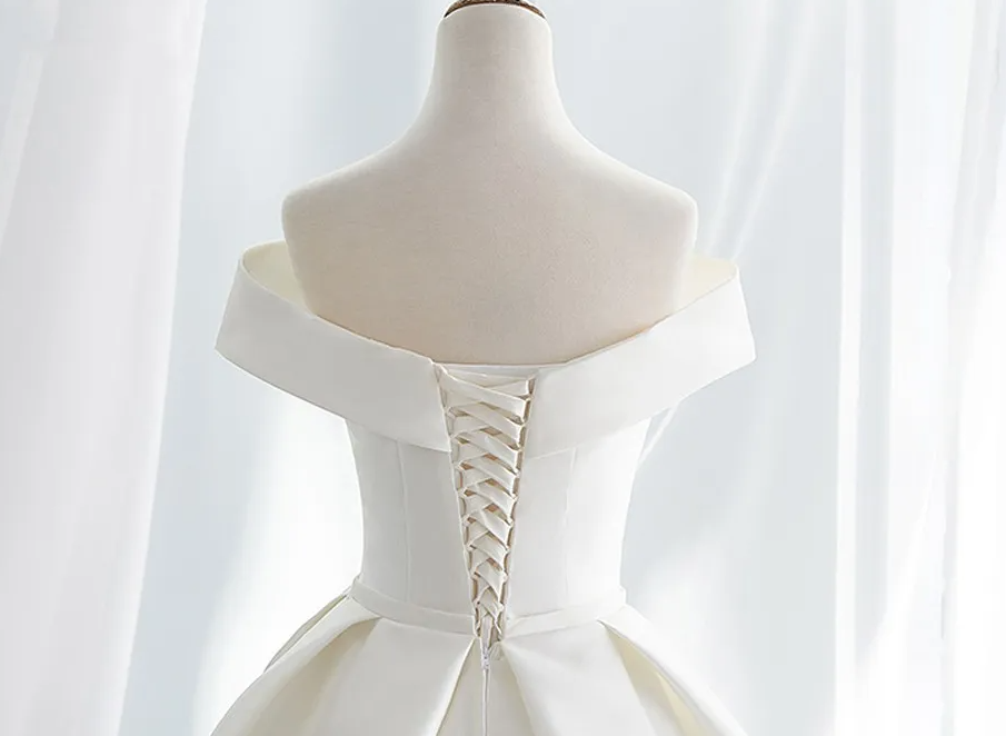 Simple white satin long prom dress, white long evening dress ED0878