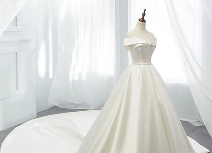 Simple white satin long prom dress, white long evening dress ED0878