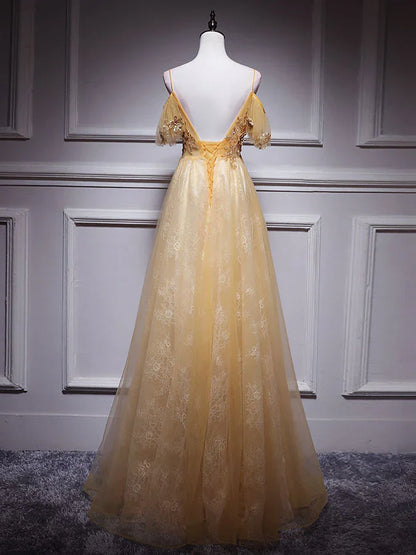 Gold V Neck Tulle Lace Long Prom Dress, Gold Tulle Evening Dress ED0879