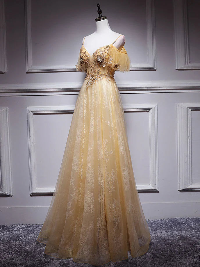 Gold V Neck Tulle Lace Long Prom Dress, Gold Tulle Evening Dress ED0879